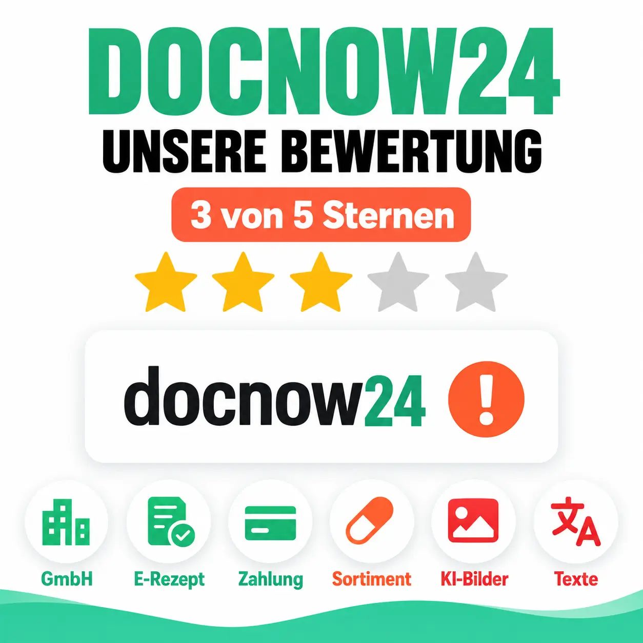 Bewertungsgrafik zu docnow24 mit 3 von 5 Sternen und Icons zu GmbH, E-Rezept, Zahlung, Sortiment, KI-Bildern und Texten