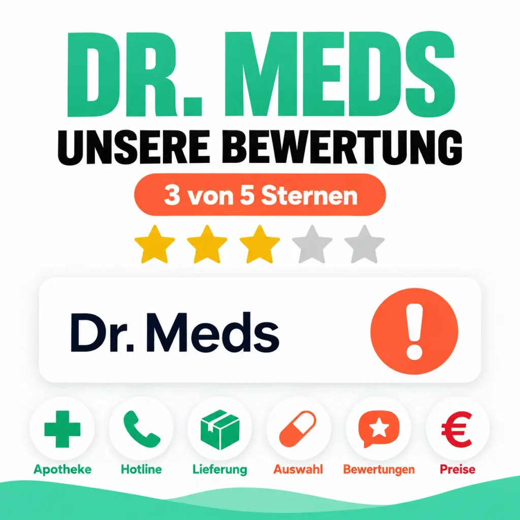 Bewertungsgrafik zu Dr. Meds mit 3 von 5 Sternen und Icons zu Apotheke, Hotline, Lieferung, Auswahl, Bewertungen und Preisen